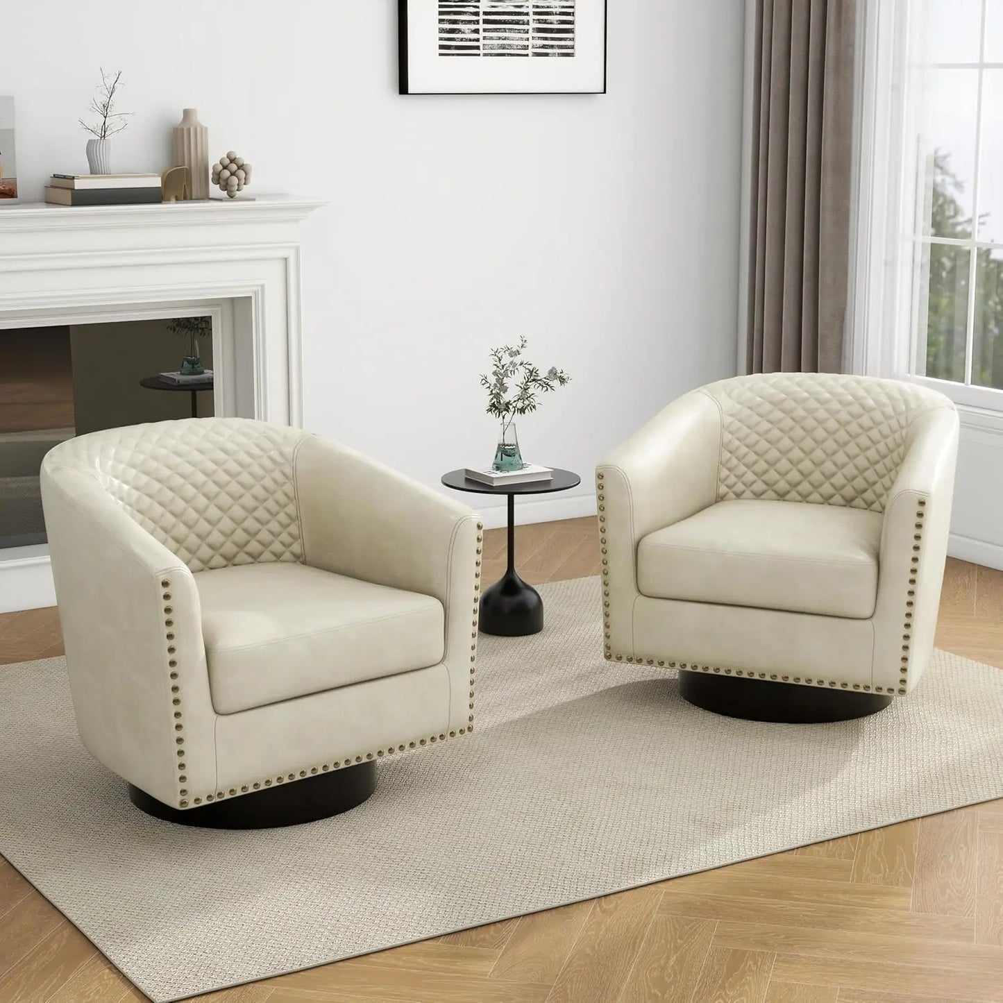 Faux Leather Barrel Accent Chairs Set of 2, Round Club Chair Modern Upholstered Armchair for Living Room, Comfy Nailed Trim Arm