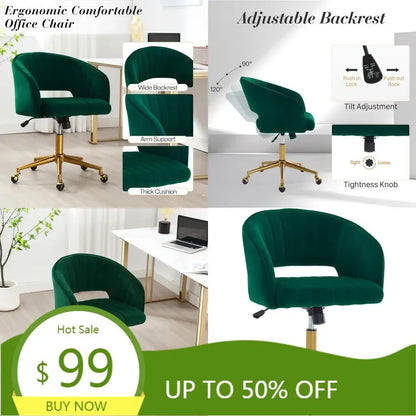 "contemporary swivel ergonomic chair with velvet upholstery and adjustable height on gold base"