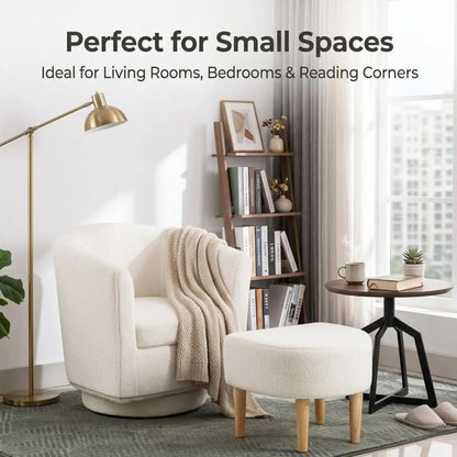White Swivel Accent Chair with Ottoman, Modern Barrel Living Room Chair with 360° Swivel Base, Upholstered Armchair, Customized