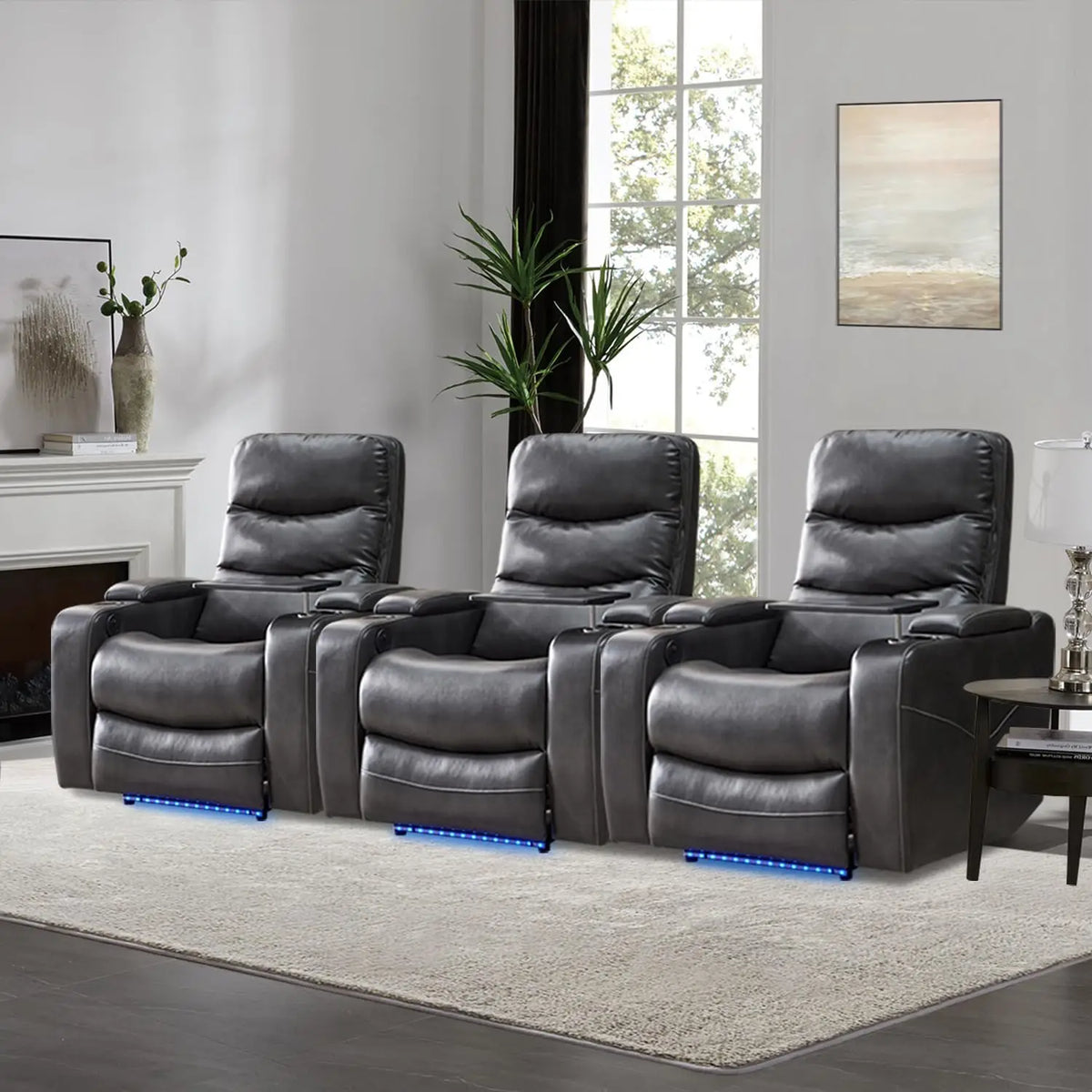 Power Recliner Chair With LED Light, USB Port, Cup Holder Tray Table Faux Leather Electric Reclining Chair Home Theater Seating