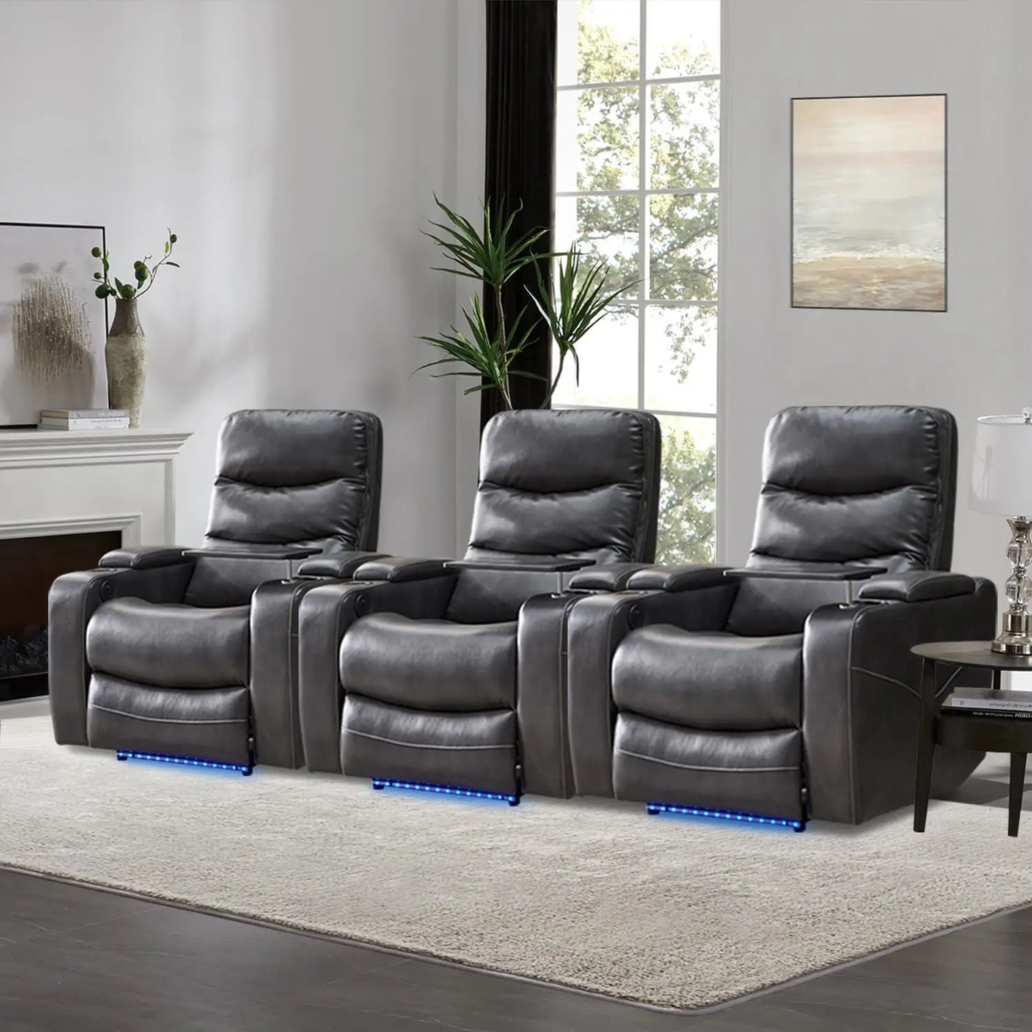 Power Recliner Chair With LED Light, USB Port, Cup Holder Tray Table Faux Leather Electric Reclining Chair Home Theater Seating