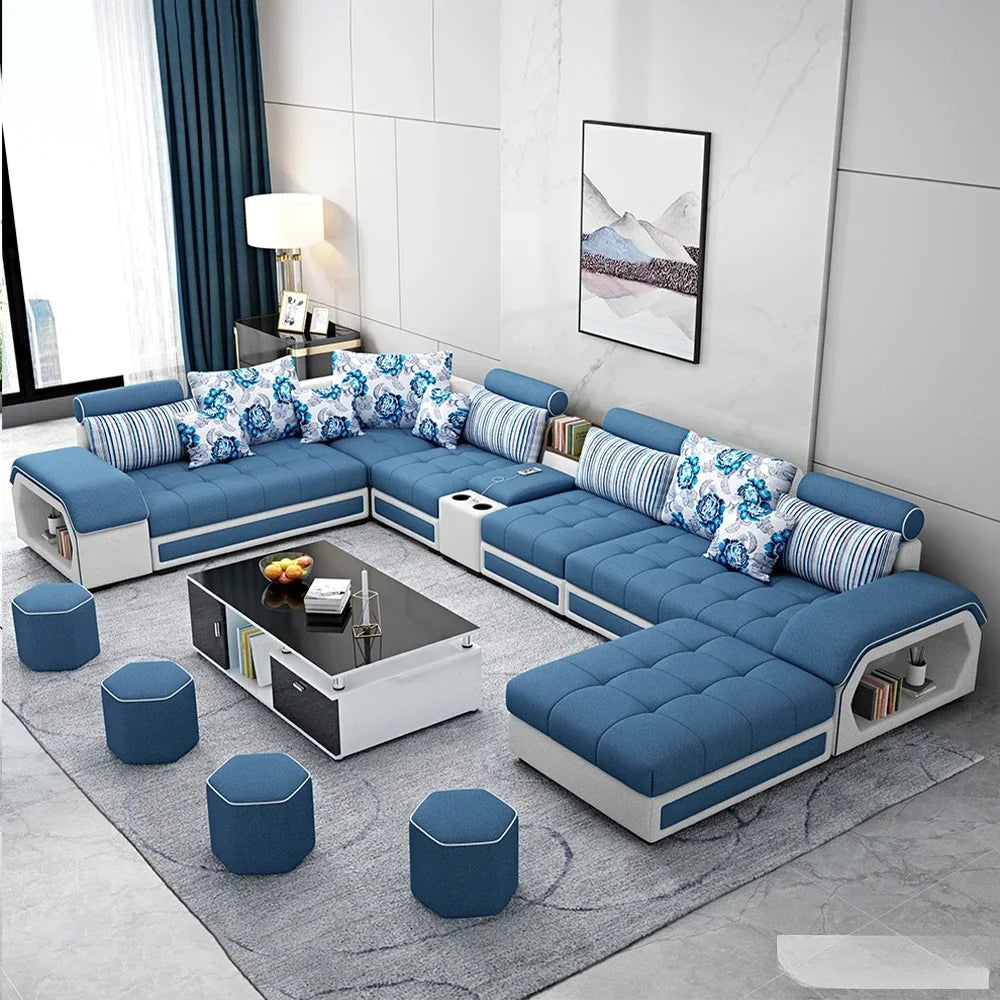 Fabric Sofa Set Furniture Living Room with USB and Stools / Big U Shape Cloth Couch for Home Furniture