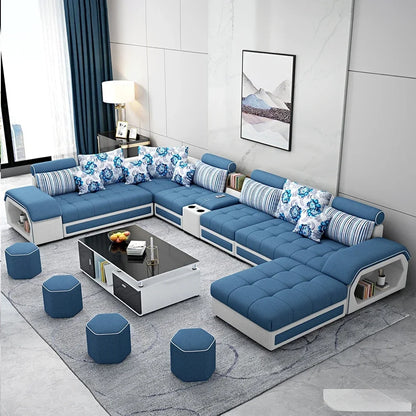 Fabric Sofa Set Furniture Living Room with USB and Stools / Big U Shape Cloth Couch for Home Furniture