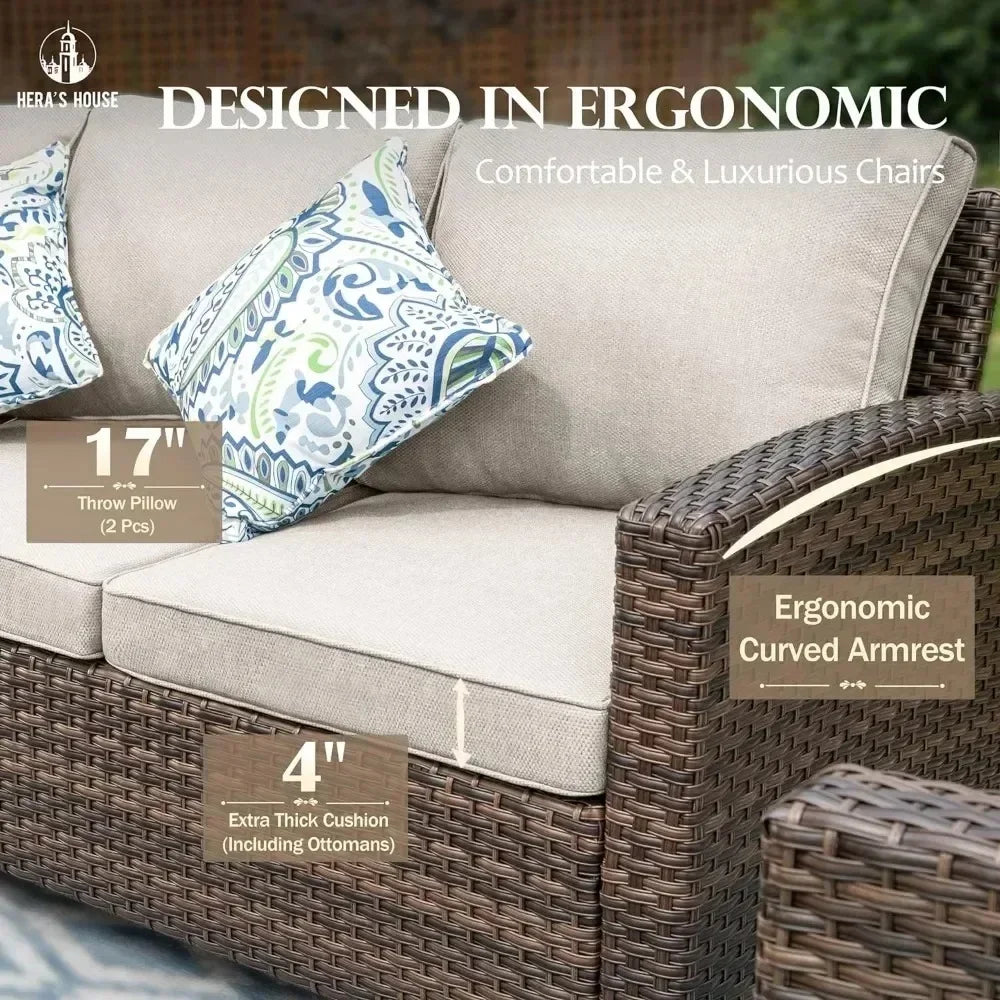 Garden Sofas, Furniture Set with Fire Pit Table, Outdoor Wicker Conversation Set, 3-Seat with 56