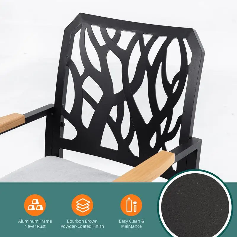 Aluminum Stationary Dining Chairs Set of 2 with Sunbrella Fabric Cushions, Branch-Like Backrest, FSC-Certified Wood Armrests,