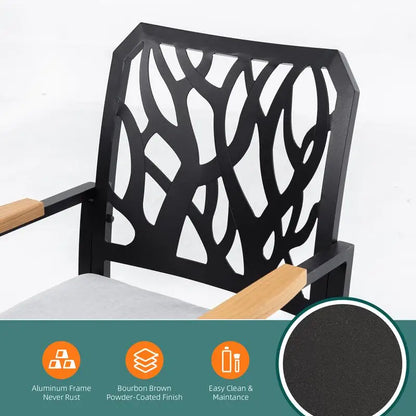 Aluminum Stationary Dining Chairs Set of 2 with Sunbrella Fabric Cushions, Branch-Like Backrest, FSC-Certified Wood Armrests,