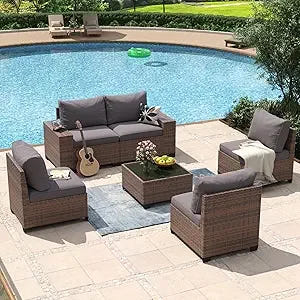 8 Piece Patio Furniture Set with 44” Fire Pit Table Wicker Rattan Outdoor Sectional Sofa Set with Coffee Table and Thickened Cu