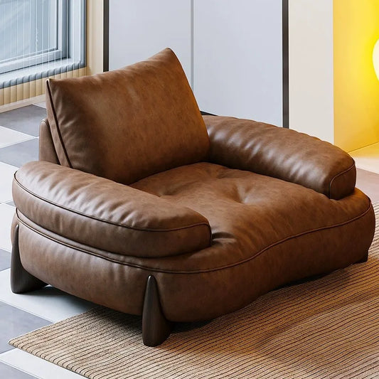 Modern Brown Curved Leather Chair for Living Room & Small Apartments