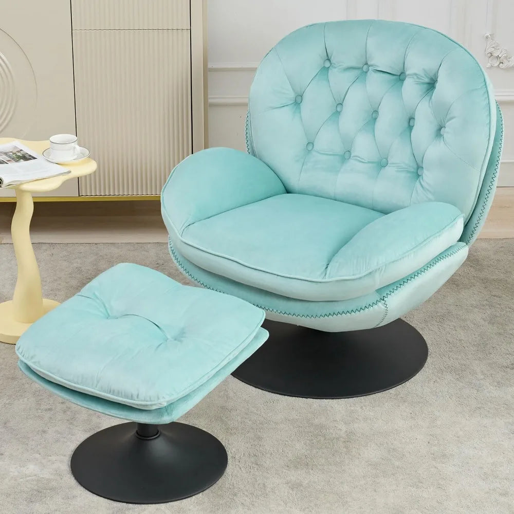 Swivel Accent Chair with Ottoman Set, Velvet Modern Lounge Chair with Metal Base Frame & Footrest, Comfy Lazy Single Leisure Arm