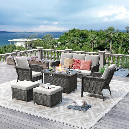 Outdoor Set with 44" Gas Fire Pit Table - PE Wicker Sets Cushioned Seat Couch - Seats Outdoor Chair Set