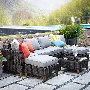 Outdoor Furniture, Patio Wicker Sectional Sofa Modular Furniture Set Single Sofa with Thick Cushions for Deck Porch Poolside Ga