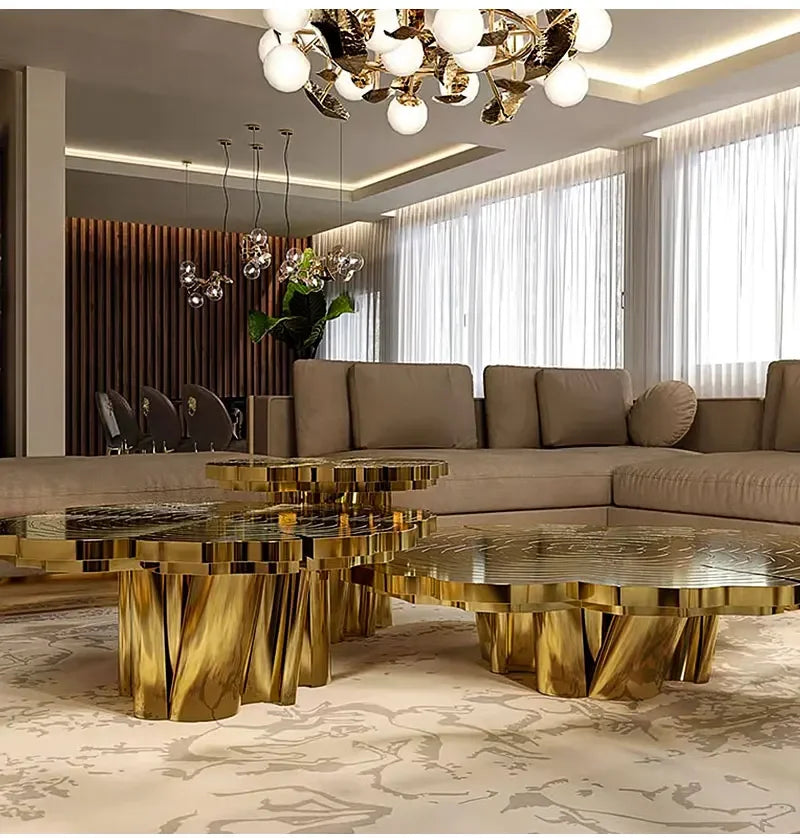 Italian light luxury round coffee table high-end villa living room stainless steel heterosexual etching