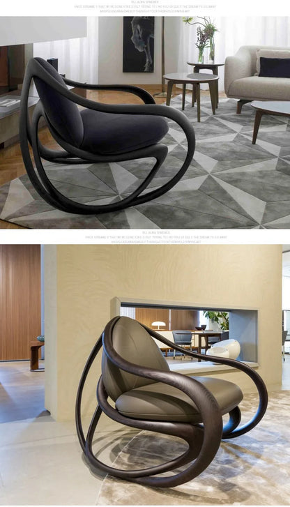 Rocking chair, solid wood balcony, living room, fiberglass casual leather sofa