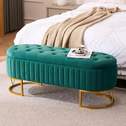 46" Tufted Upholstered Ottoman Bench – Gold Metal Legs & Hidden Storage | Multi-Functional Footrest for Living Room, Bedroom