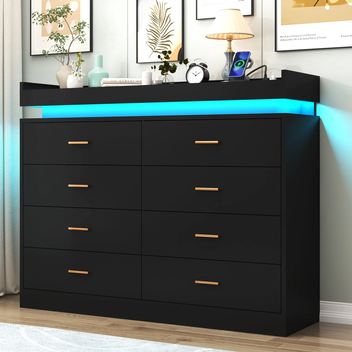 8 Drawer Dresser with LED Light, Modern Chest of Drawers for Closet, 47