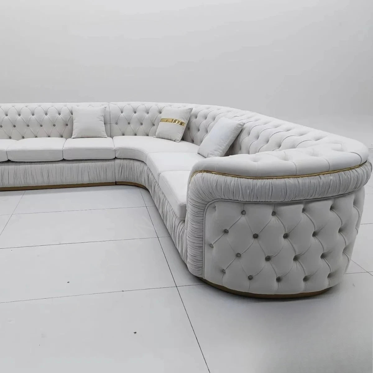 Luxury Sofa Set with Cloth Buttons and Fabric Modular Couch with Gold Stainless Steel Base, 3-seater Sofa
