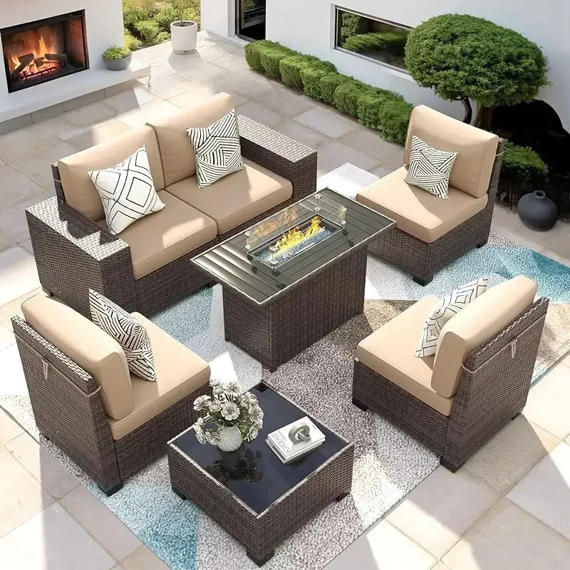 PatioLix Piece Patio Furniture Set Fire Pit Table. Outdoor Conversation Sets Wicker Rattan Sectional Sofa with Coffee T