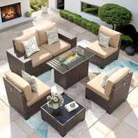 QAZ8-7 Piece Patio Furniture Set Fire Pit Table. Outdoor Conversation Sets Wicker Rattan Sectional Sofa with Coffee TSZ