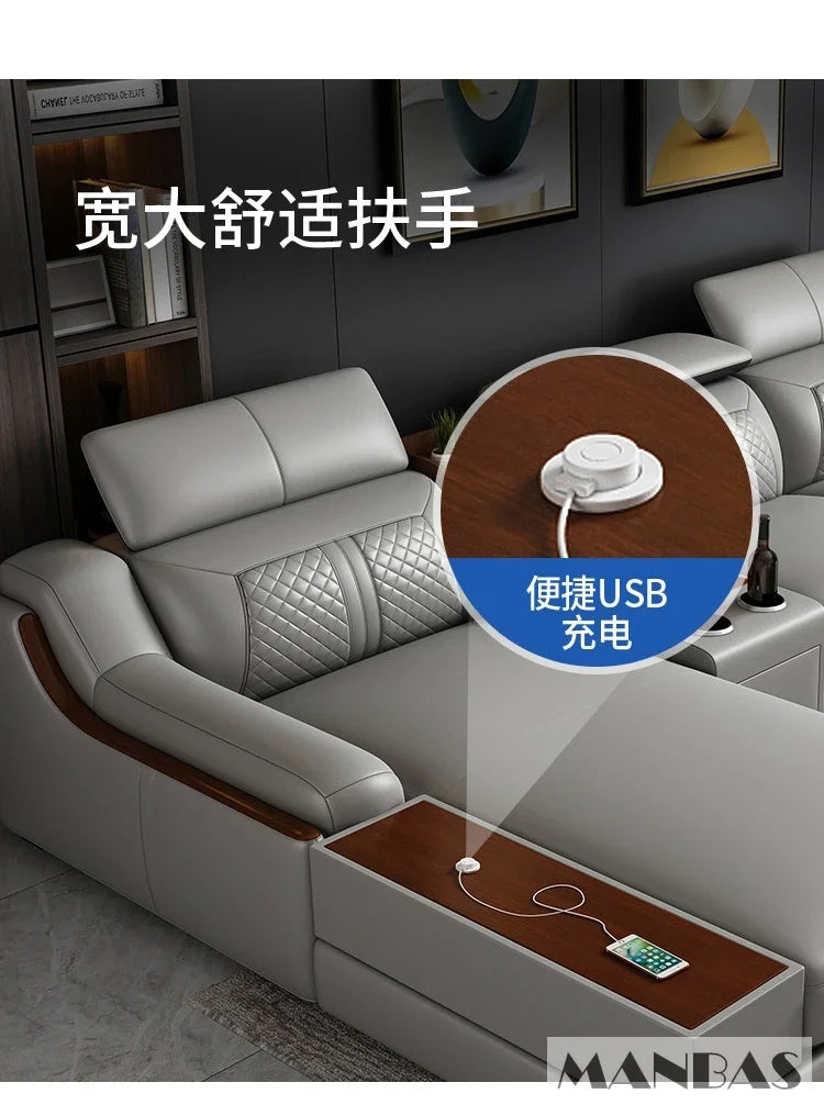 Modern Italian Genuine Leather Sofa for Living Room with Cup Holder, USB, Adjustable Headrests & Bluetooth Speaker - Linlamlim