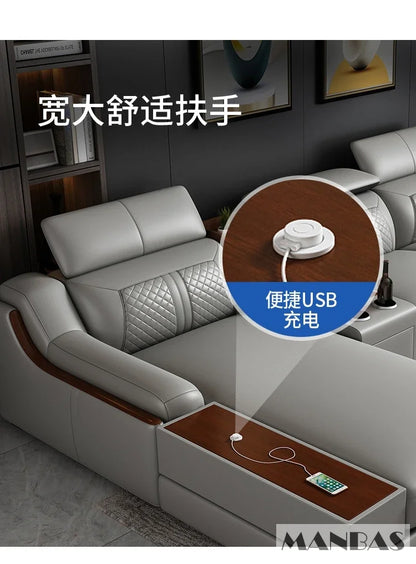 Modern Italian Genuine Leather Sofa for Living Room with Cup Holder, USB, Adjustable Headrests & Bluetooth Speaker - Linlamlim