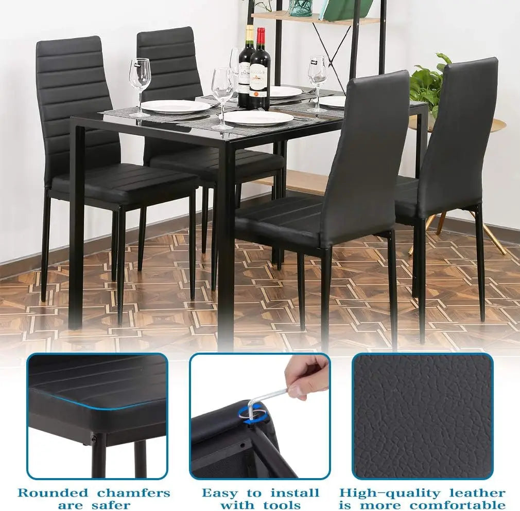 5-Piece Dining Table Set, Space-Saving Design , Faux Leather Cushions ,Modern Rectangular Table, Black, for Dining Room