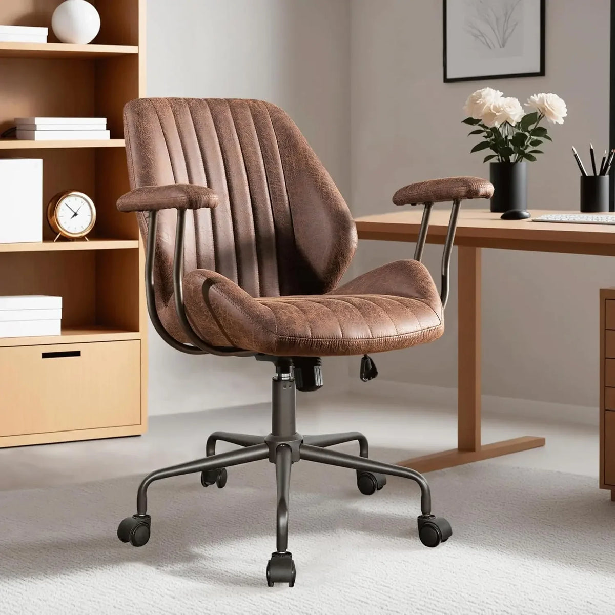 Mid-Century Modern Leather Chair，Ergonomic Home Office Chair with Lumbar Support, High Back Swivel Rolling Executive Chair