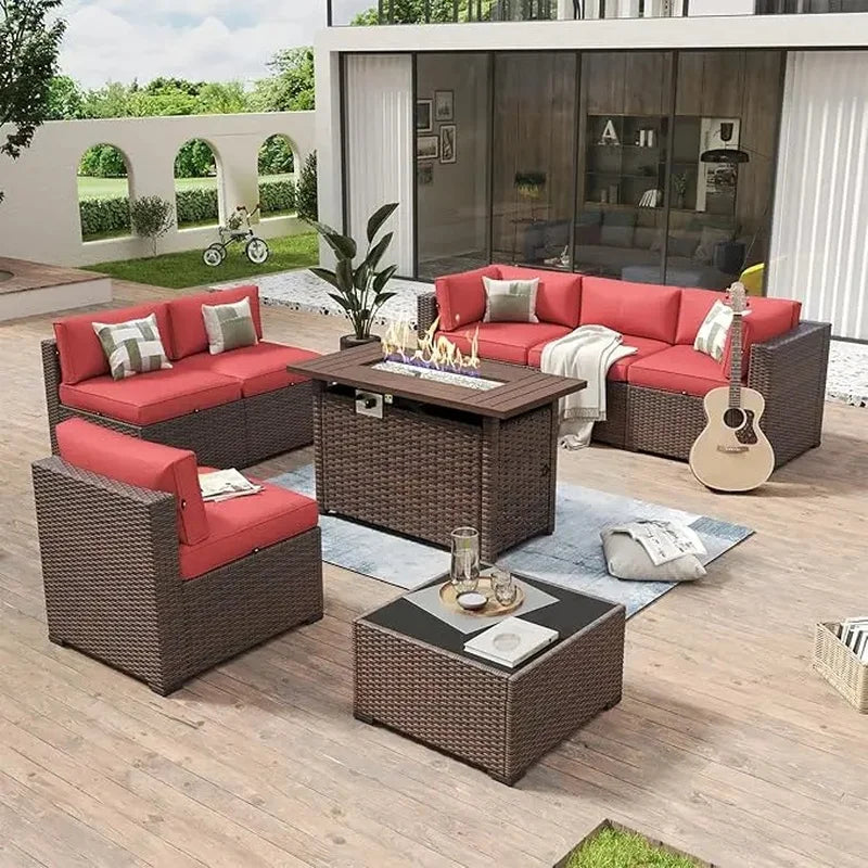 8 Piece Outdoor Patio Furniture Set with 44” Fire Pit Table, Rattan Wicker Sectional Sofa and Coffee Table with Thick Cushions