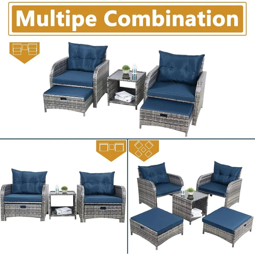 All-Weather PE Rattan Outdoor Patio Chairs Set with Ottoman, 5-Piece Conversation Furniture