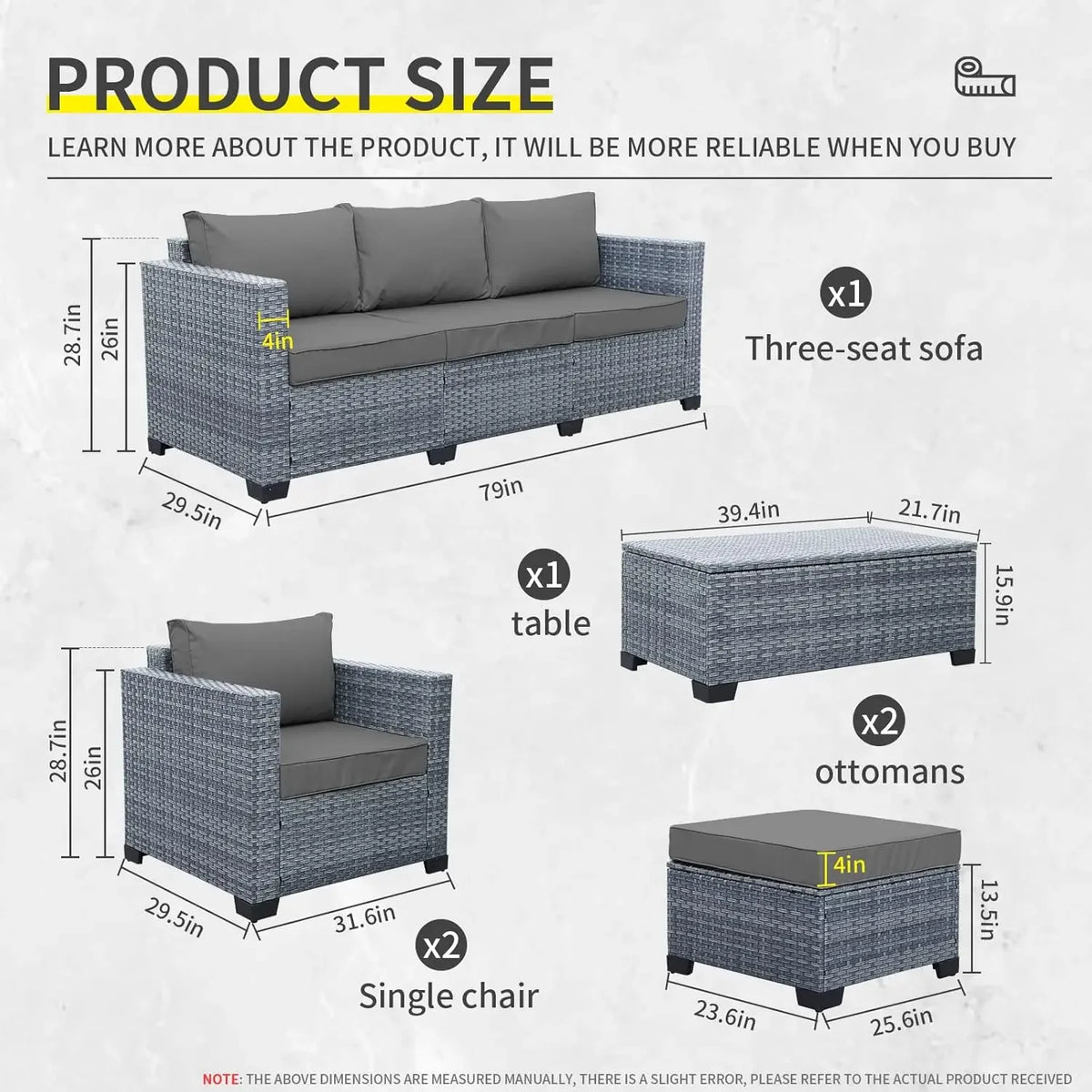 6 Pieces Wicker Patio Furniture Sets  PE Rattan Sectional Sofa Couch Storage Table and Grey Cushions