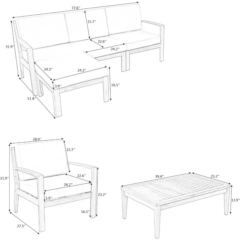 K 6 Piece Patio Sectional Sofa Set with 3-Seats Couch,Coffee Table, Ottoman and Removable Cushion for Garden Poolside