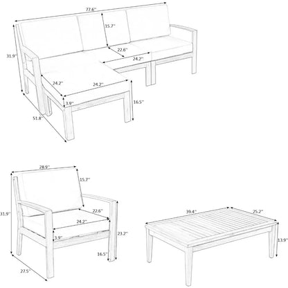 K 6 Piece Patio Sectional Sofa Set with 3-Seats Couch,Coffee Table, Ottoman and Removable Cushion for Garden Poolside