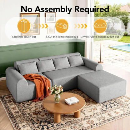 105.5" Cloud Boneless Sectional Sofa for Living Room, 4-Seater L-Shaped Comfy Couch with Ottoman, 4 Pillows, Deep, Customized