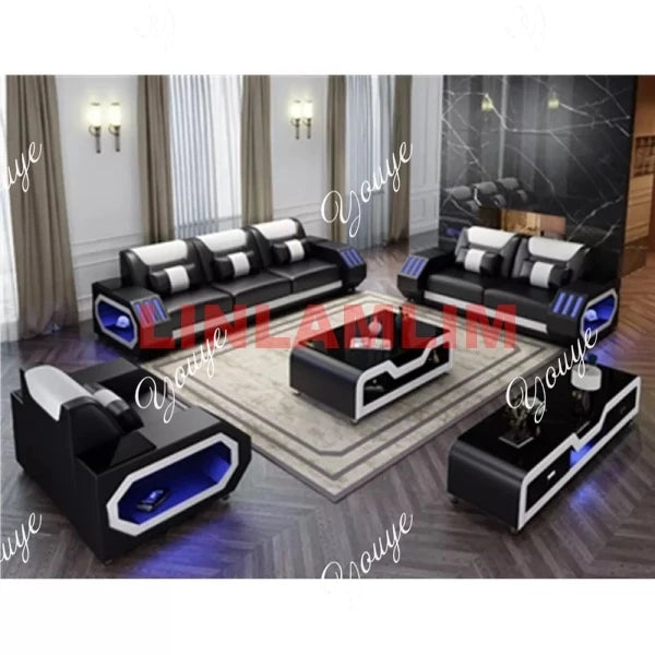 Futuristic LED Italian Genuine Leather Sofa Set – Modern Sectional Couch with Illuminated Arm Storage and High-Density Cushions