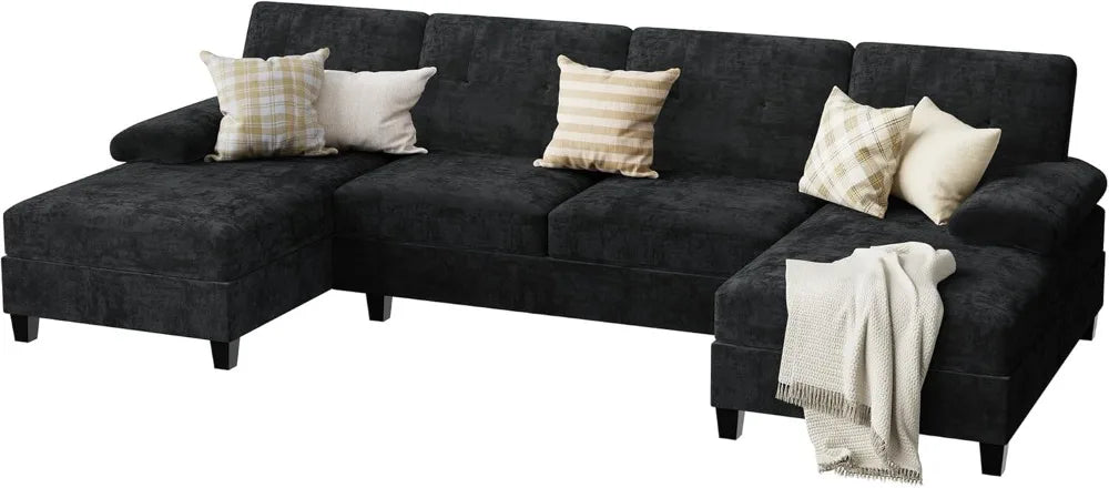 U-Shaped Sectional Sofa, Convertible Modular Couch with Double Chaise, 4-Seater Living Room Furniture, Black