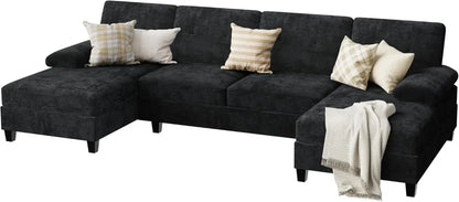 U-Shaped Sectional Sofa, Convertible Modular Couch with Double Chaise, 4-Seater Living Room Furniture, Black