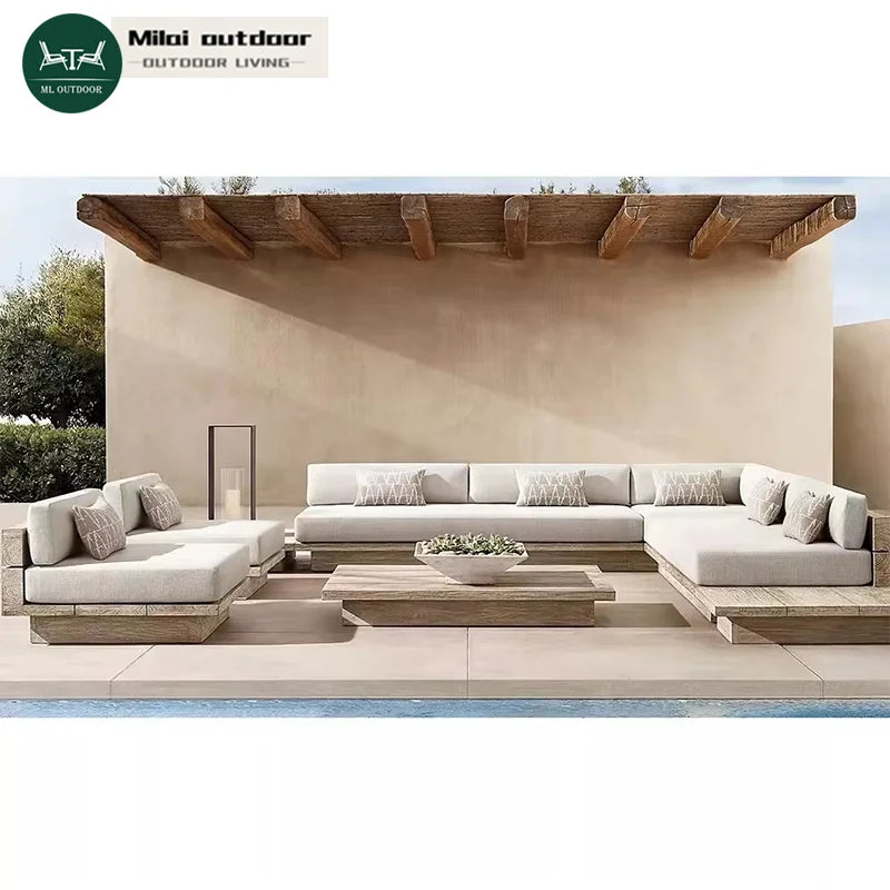 Modern Luxury Garden Outdoor Dining Table Large Sofa Set Burmese Teak Wood For Patio Terrace Beach Leisure Exterior Application