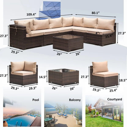 7 Pieces Outdoor Patio Furniture Sets,Wicker Conversation Set Sectional Sofa,Includes 6 All-Weather High Back PE, Customized