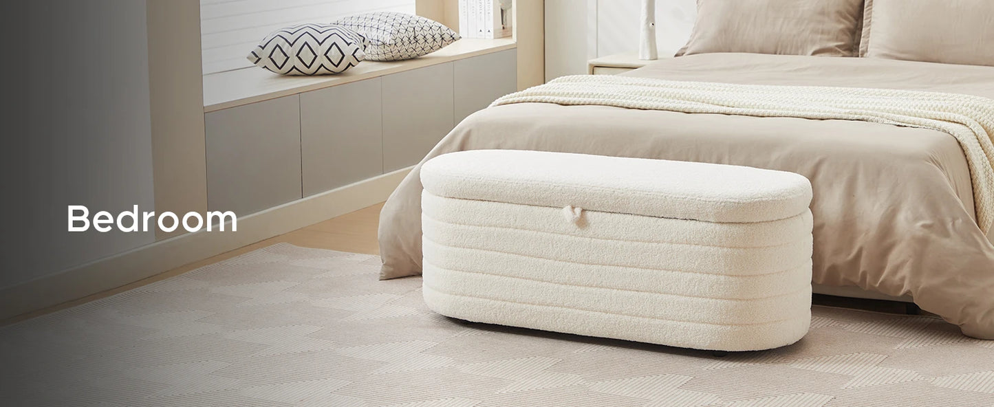 TODRANI 45" Storage Ottoman Bench, 300 Lb Capacity Teddy Upholstered, Safety Hinge, Flip-Top Oval Foot Rest With Foot Pads