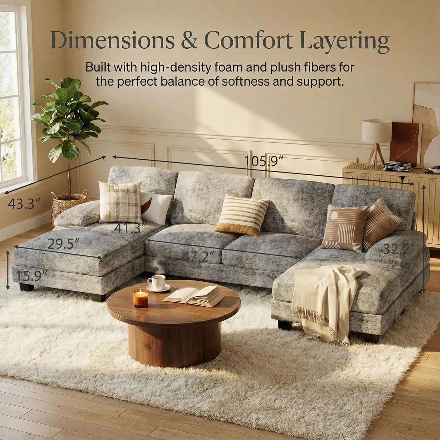 U-shaped Sectional Sofa, Comfortable Chenille Four-seat Sofa Set, with Removable Cushions, Customizable.