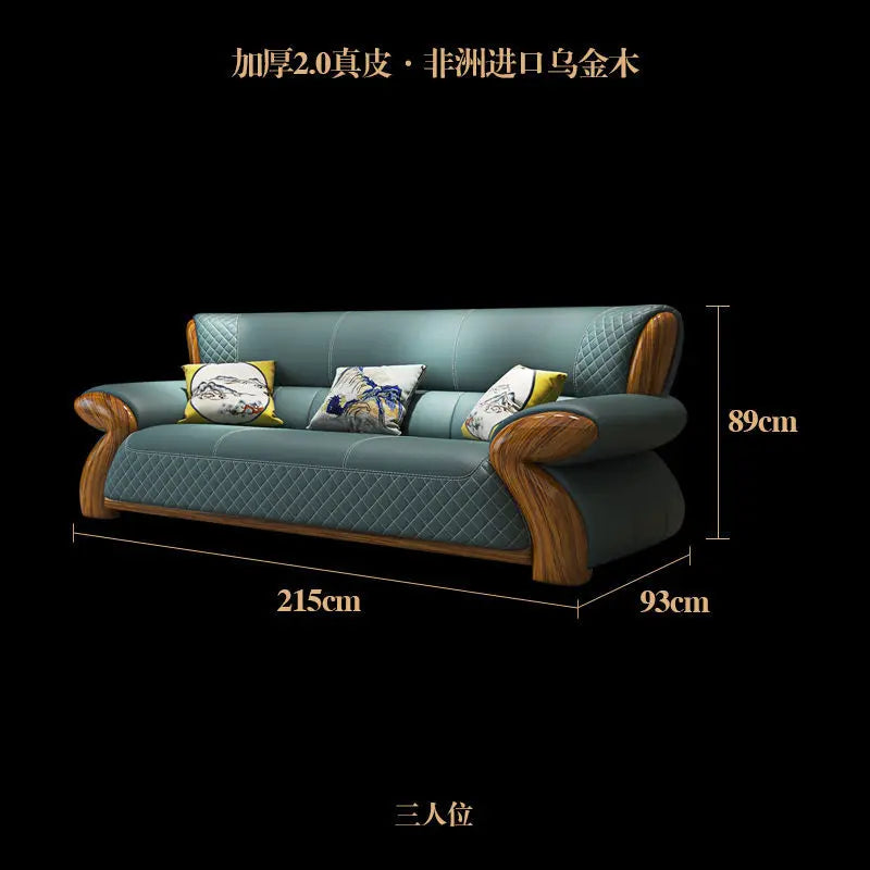 New leather sofa modern simple light luxury ebony solid wood new Chinese small apartment living room popular furniture
