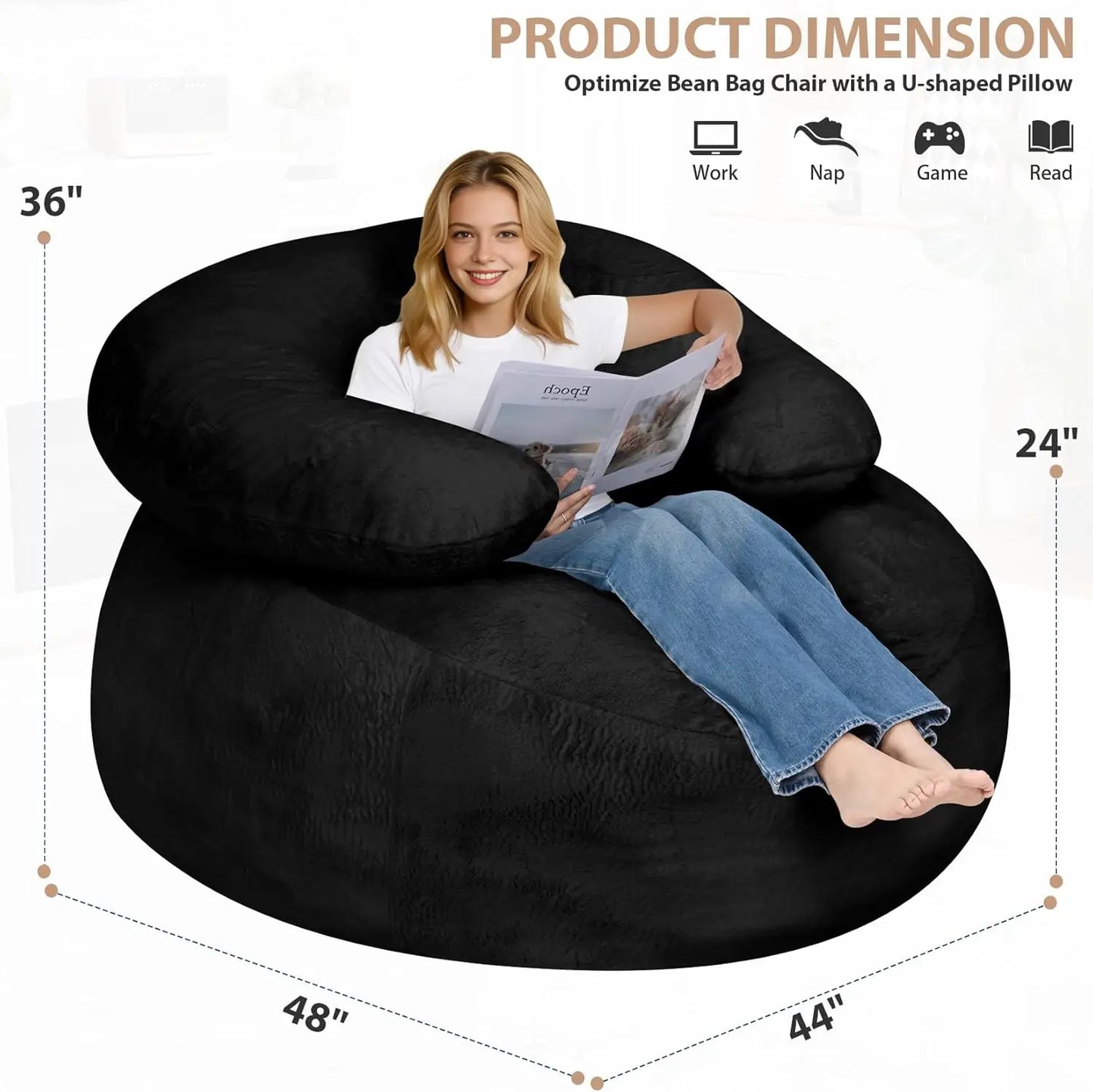 Oversized Bean Bag Sofa with Filler, Ultra Soft Faux Fur Floor Chair for Gaming and Reading, Black