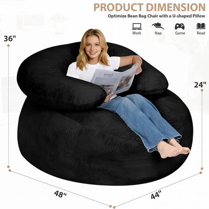 Oversized Bean Bag Sofa with Filler, Ultra Soft Faux Fur Floor Chair for Gaming and Reading, Black