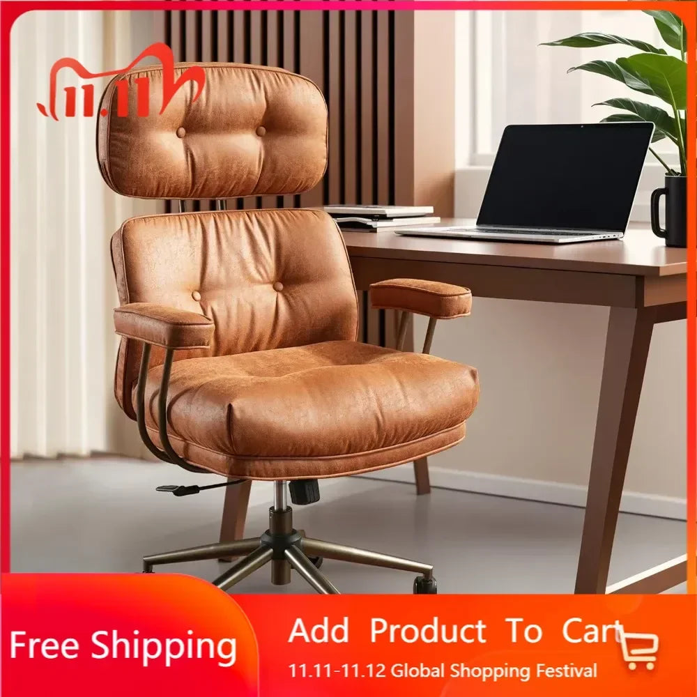 Ergonomic Home Office Chair, Mid-Century Modern Faux Leather Chairs with Thickened Cushions, Comfy High Back Swivel Rolling Exe