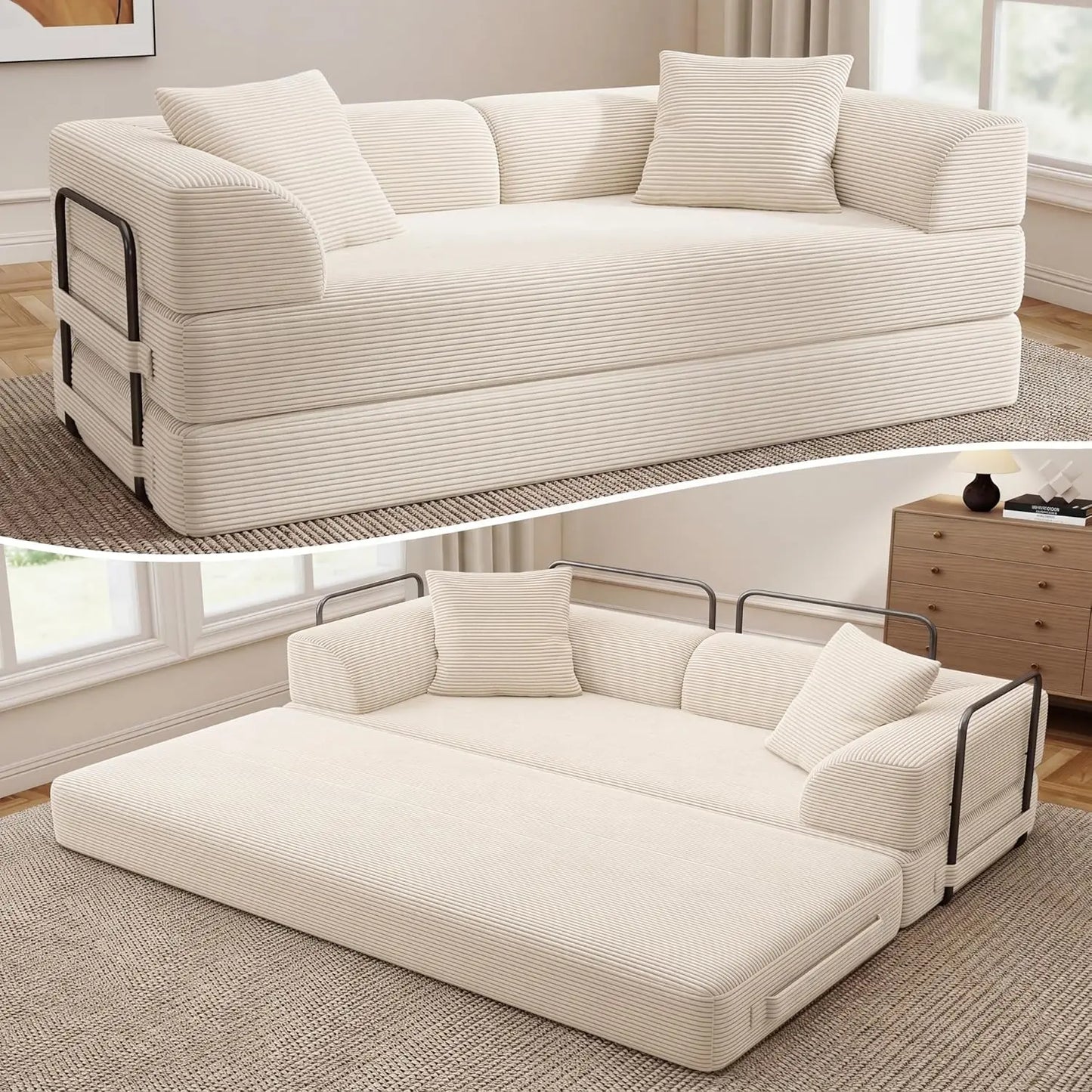 5-in-1 Convertible Sofa Bed Pull-Out Sleeper 70in High-Density Sponge Corduroy Futon Living Room Gray Customized