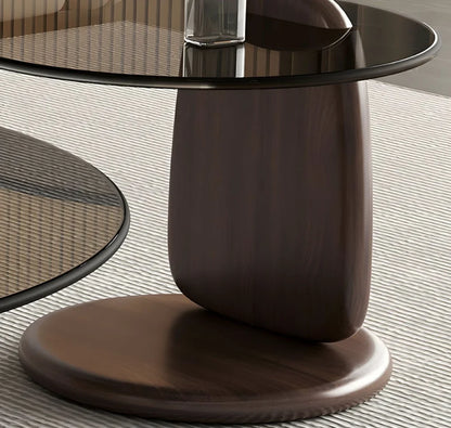 Glass Round Coffee Table Nesting Table Set of 2, Rustic Low Coffee Table Modern Center Table with Wood Base, Brown Glass Accent