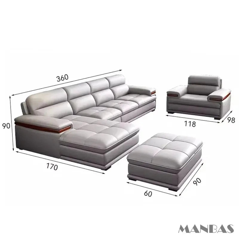 Premium Italian Genuine Leather Sofa for Living Room, Nordic Modern Elegant Sectional Couch Set