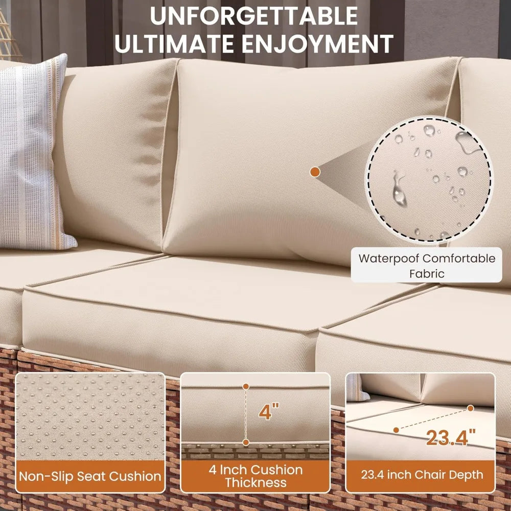 6-piece outdoor conversation sectional with 44" fire pit table and wicker rattan sofa