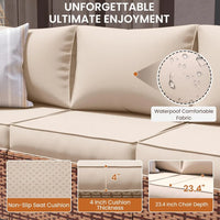 6-piece outdoor conversation sectional with 44" fire pit table and wicker rattan sofa