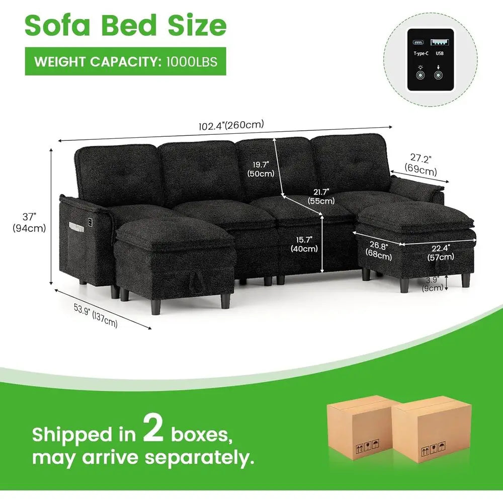 Sectional Couches with Charging, Storage Ottoman, 4-Seat LED U-Shape Sofa for Modern Living Rooms