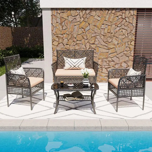 4-Piece Outdoor Patio Furniture Set, PE Rattan Wicker Garden Chairs with Tempered Glass Table & Soft Cushions for Backyard,